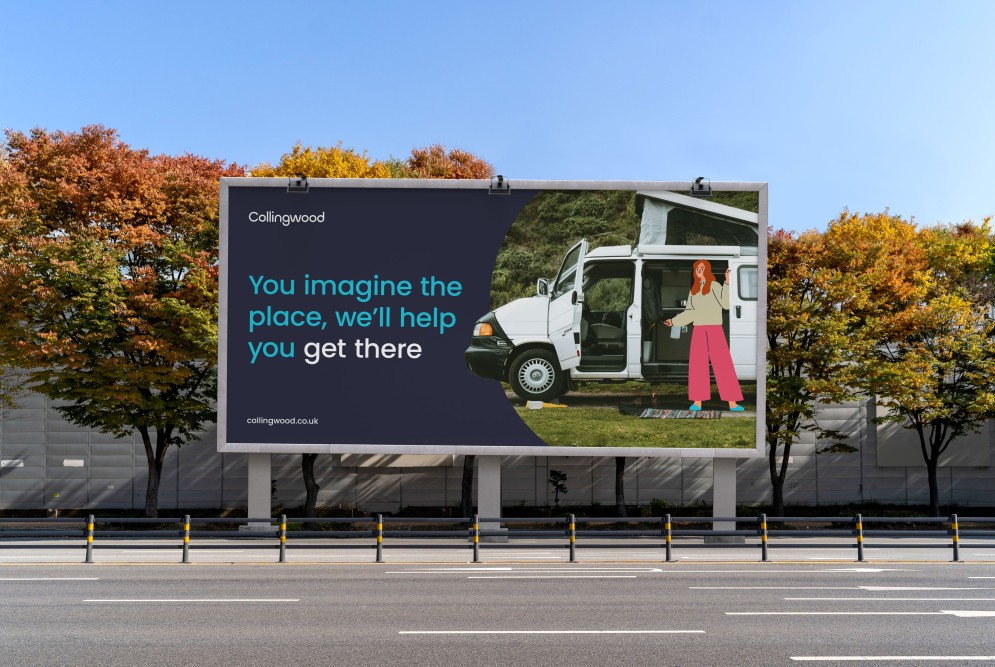 Outdoor advertising billboard displaying Collingwood learners insurance branding and illustrations