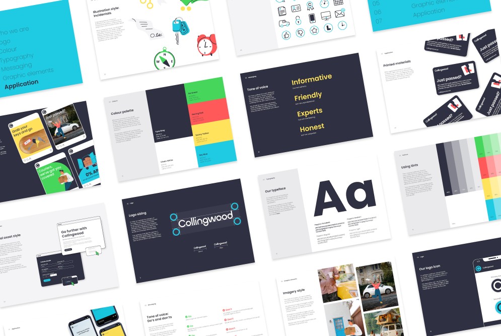 Collingwood learner insurance brand guidelines including colour palette, logo usage, typography and more