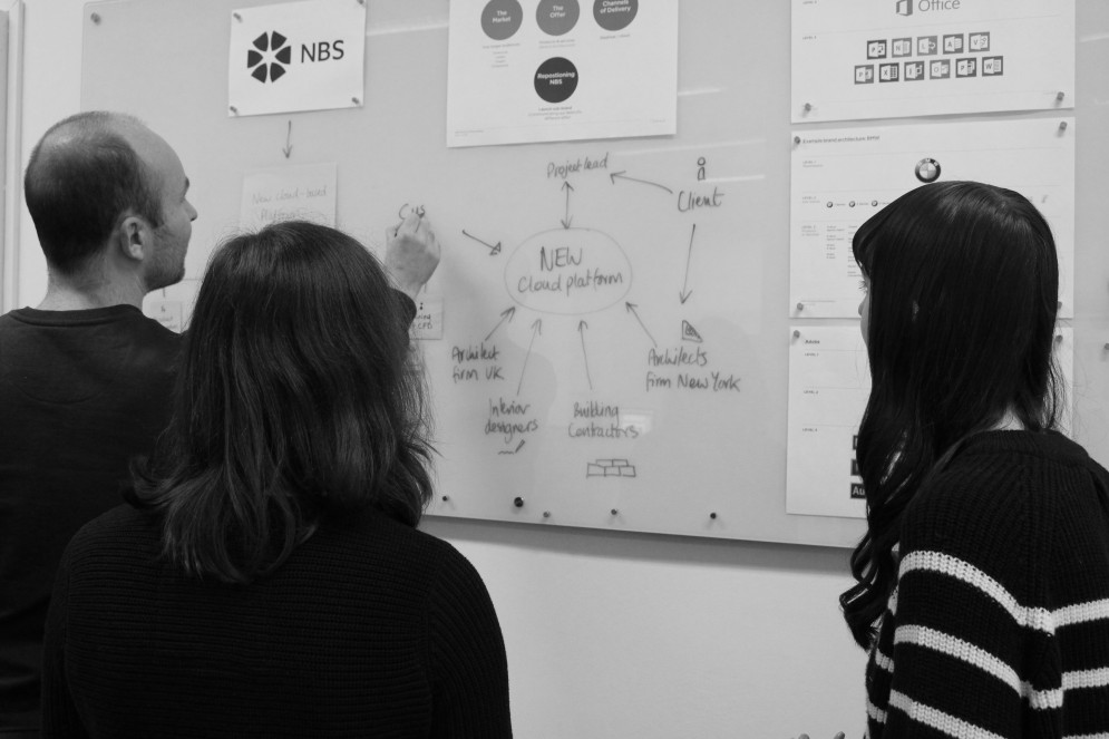 Three women and one man discuss a whiteboard with post-it notes. Black and white.