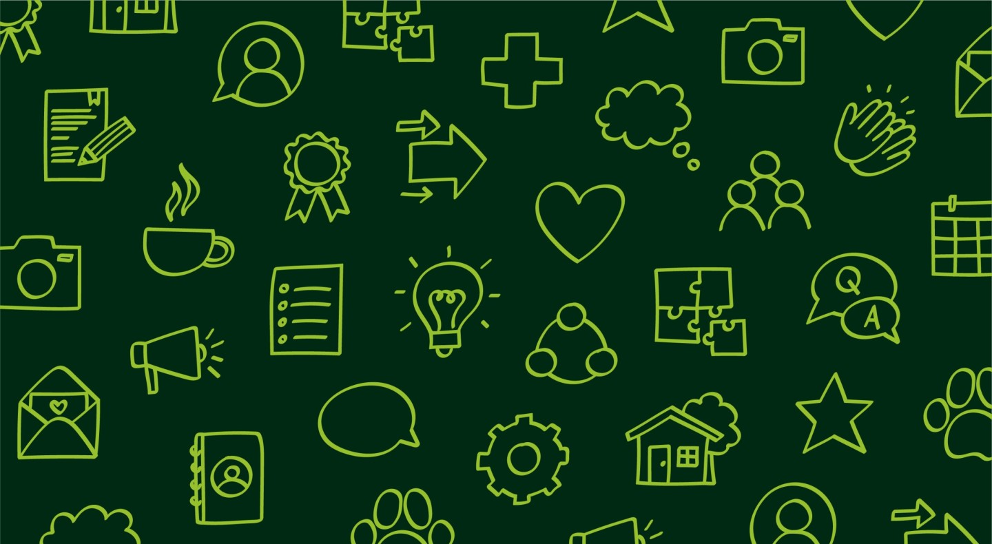 a dark green background with light green illustrations