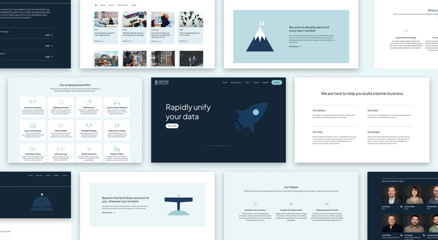 Mockup of different pages on the Seriös Group website