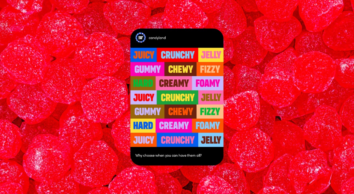 Mockup of the candyland logo multiple times in different colours with red sweets as the background.