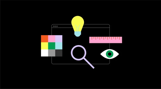 Graphic illustration of colourful elements on a black background. A light bulb, eye, magnifying glass, multicoloured blocks.