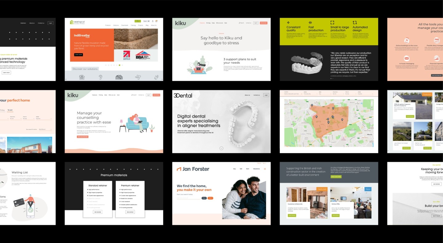 A collage of previous JUMP bespoke development work. The collage features Ecological e-commerce site, Kiku therapy site with a user portal, Jan Forster website search engine and geographical mapping.