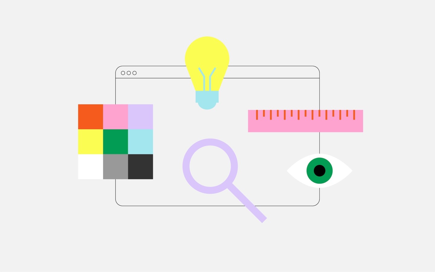 Graphic illustration of colourful elements on a white background. A light bulb, eye, magnifying glass, multicoloured blocks.