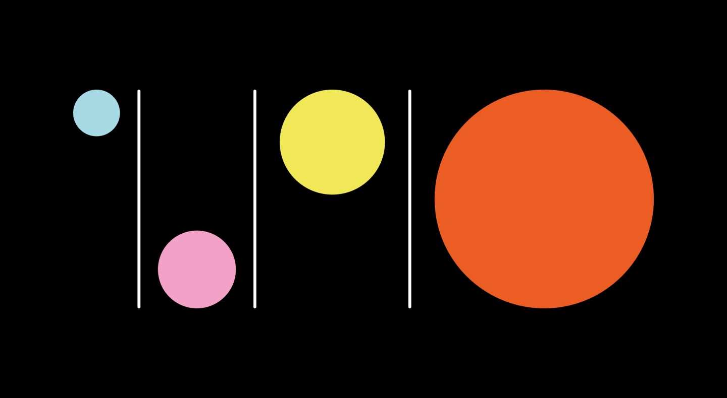 Minimalist design on a black background featuring four colored circles—increasing in size from left to right. Thin vertical white lines separate the circles.