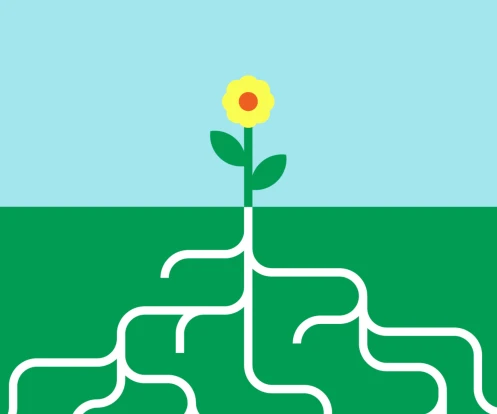 An illustration of a yellow flower with long roots, set against a bright blue sky and green grass.