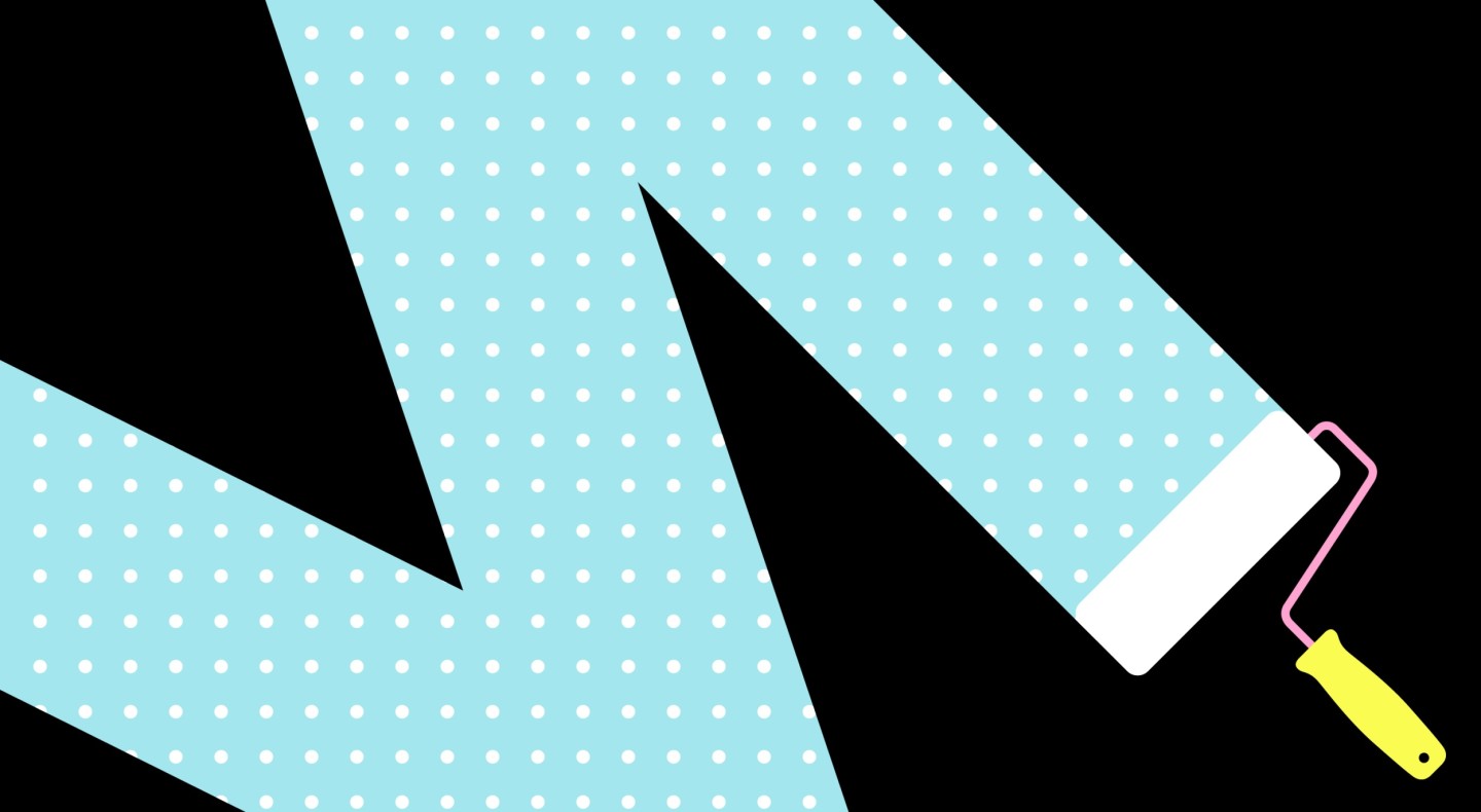 On a black background, an illustration shows a paint roller spreading blue paint with white dots across a wall
