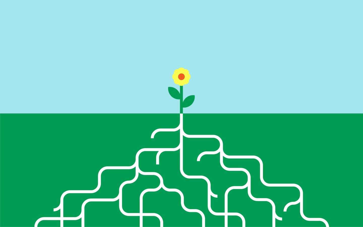 An illustration of a yellow flower with long roots, set against a bright blue sky and green grass.