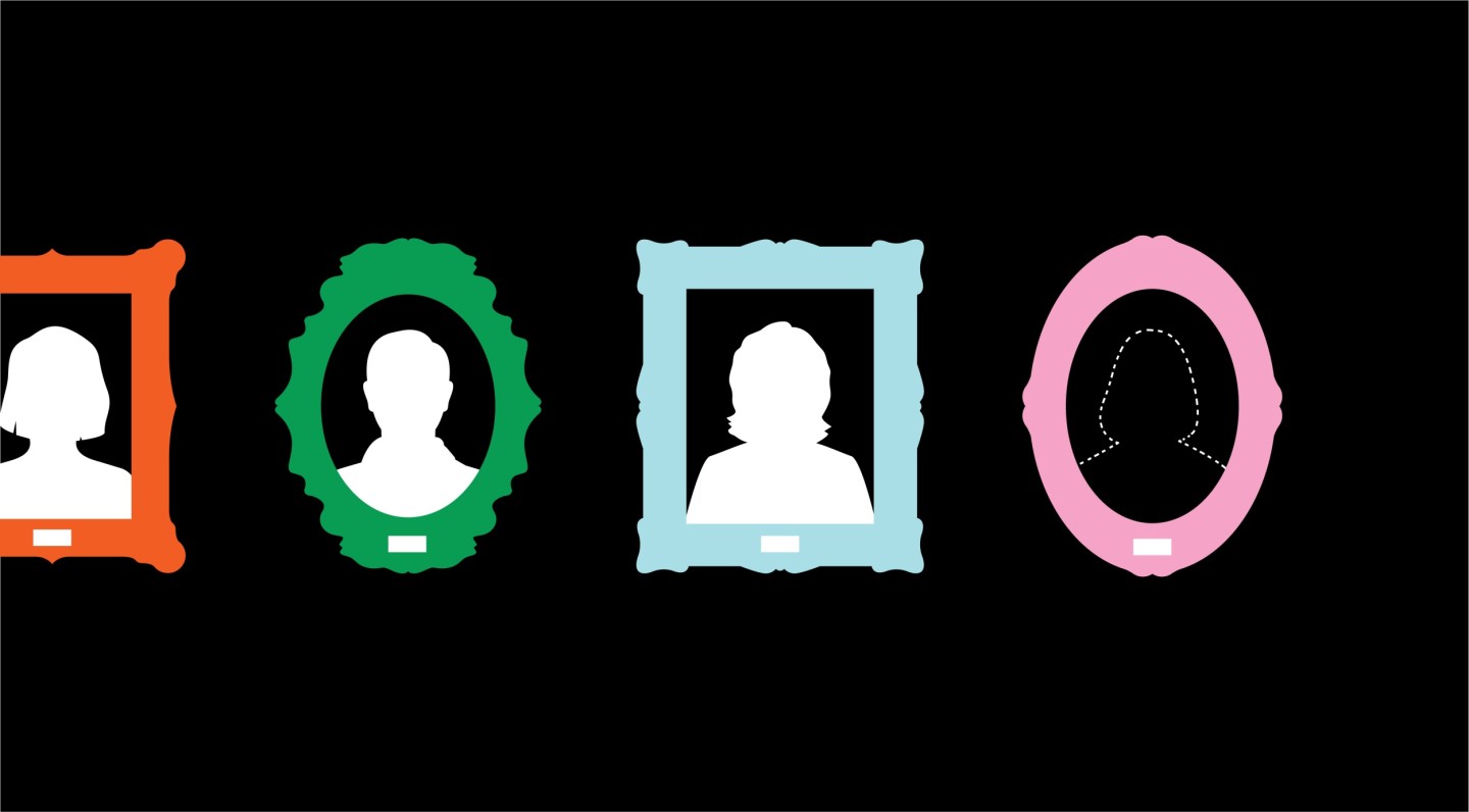 “On a black background, four picture frames are shown in a row. The first is a partially cut-off round frame with a white silhouette of a person. The second frame is green with a white silhouette, the third is blue with a white silhouette, and the fourth.