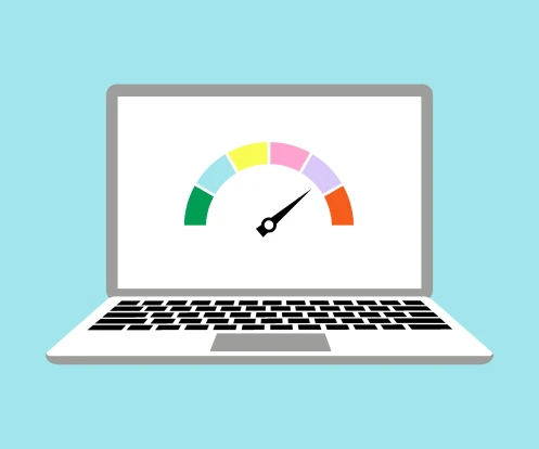 Graphic mockup of a laptop showing a multicoloured performance gauge with the needle indicating a high level