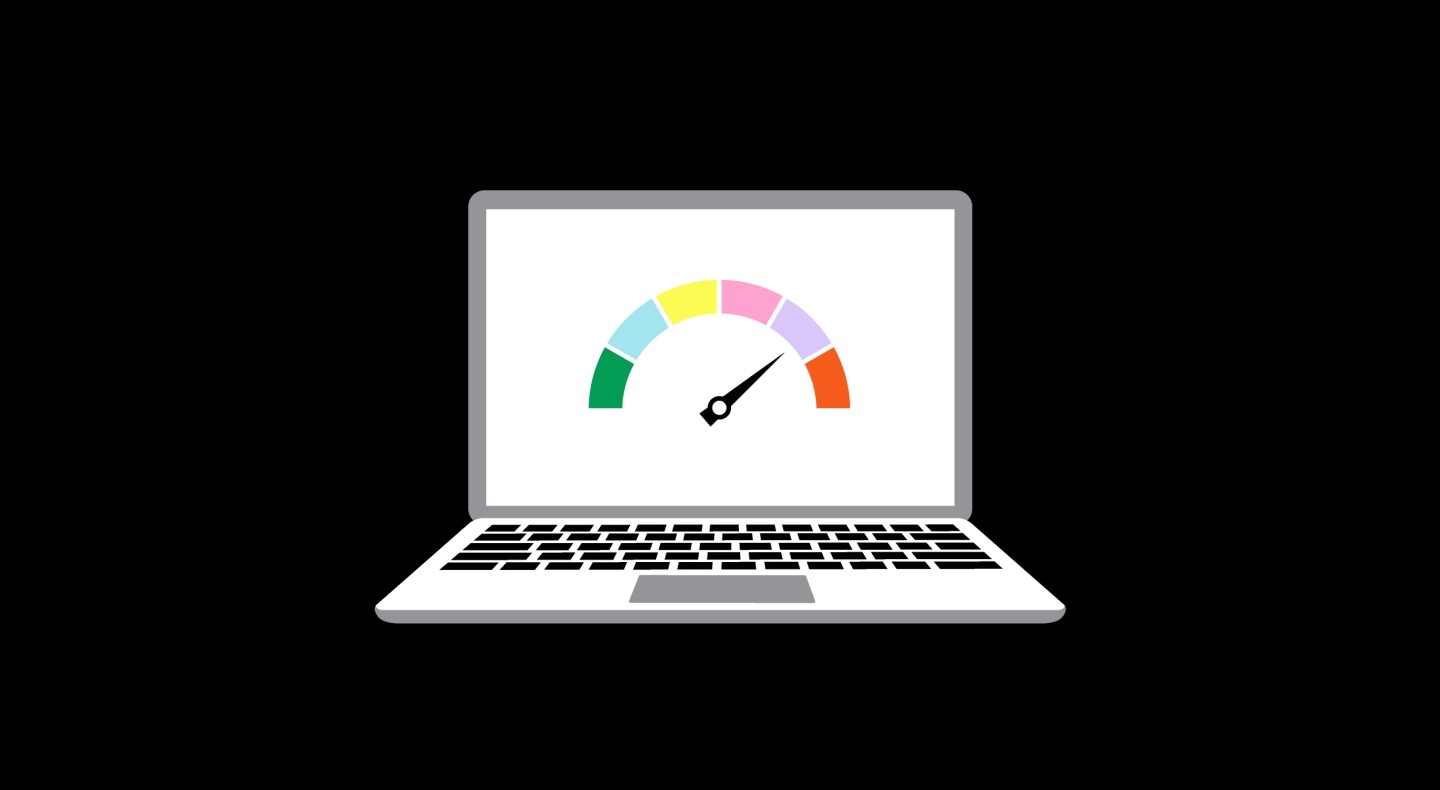 Graphic mockup of a laptop showing a multicoloured performance gauge with the needle indicating a high level