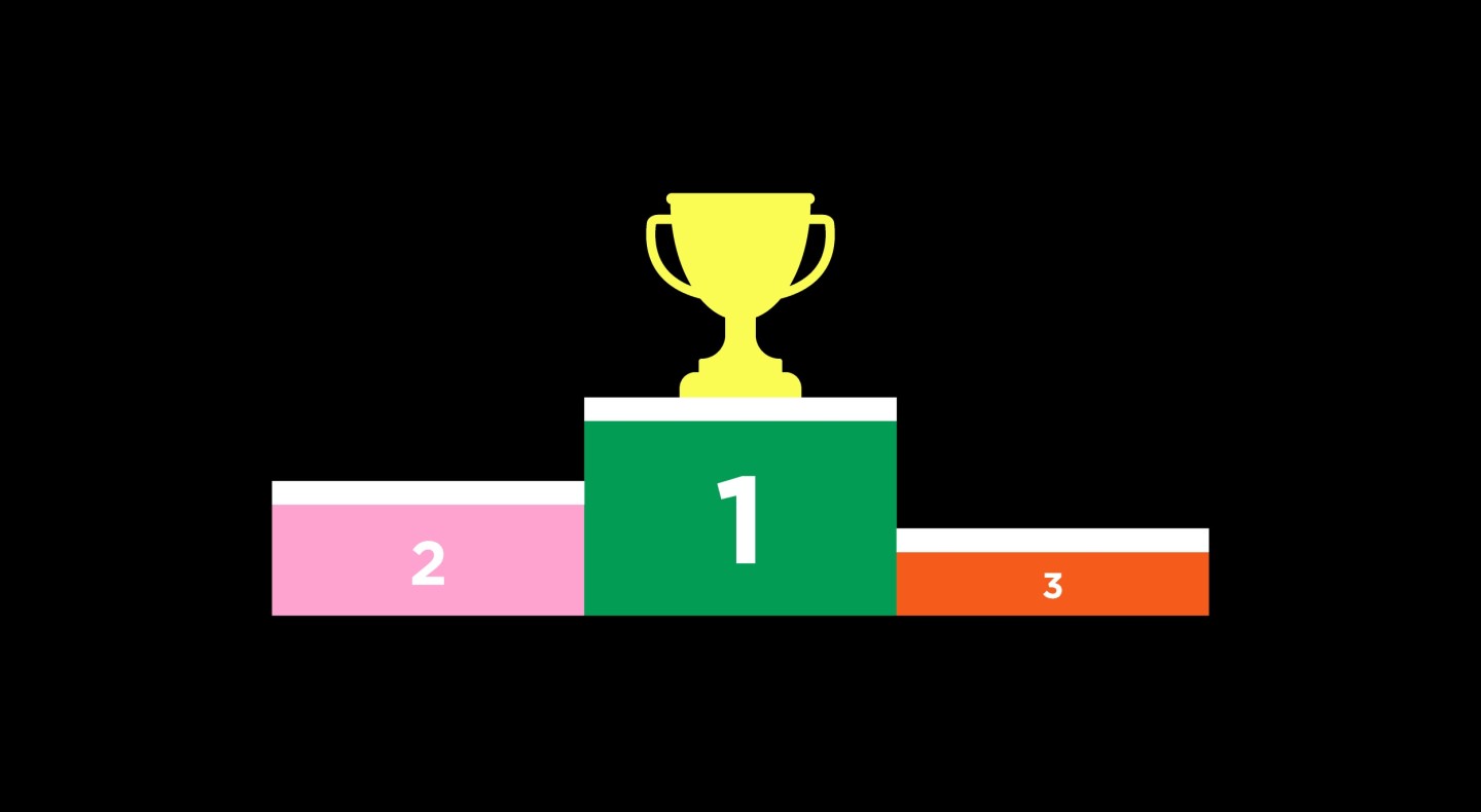 Graphic mockup of a podium with a trophy on first place