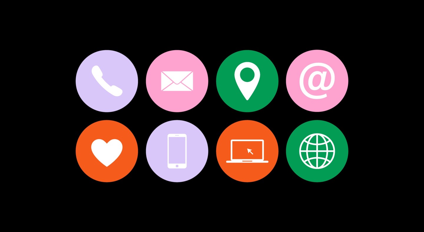 Graphic mockup of eight icons showing phone, email, location, @ symbol, a heart, phone, computer, and a globe