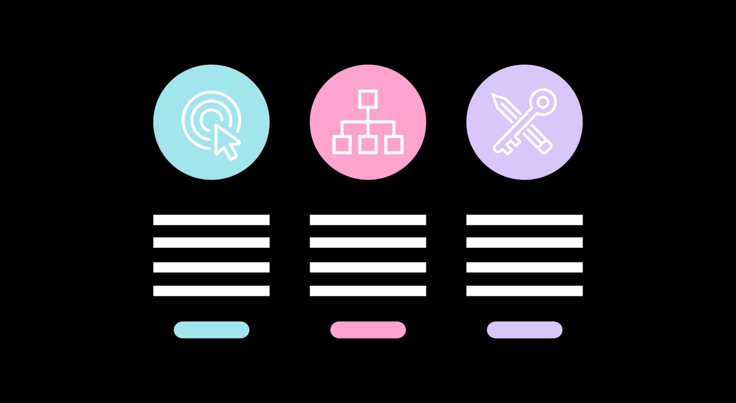 Graphic mockup of three circular website service icons, each with descriptive text lines and buttons underneath. They represent user experience, website structure and content creation. 