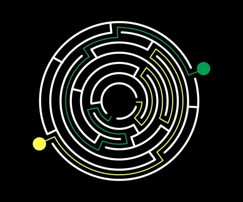 Illustration of a maze on a black background viewed from above, with a yellow line and a green line indicating two different paths through the maze.