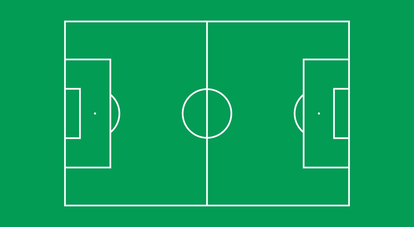 A top-down aerial illustration of a football pitch, outlined in white on a solid green background.