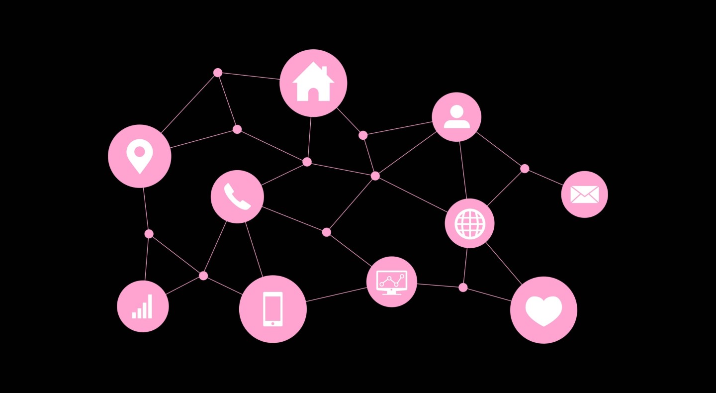 On a black background, pink circles connected by lines like a mind map, each containing white icons representing marketing channels such as phone, email, computer, and location.