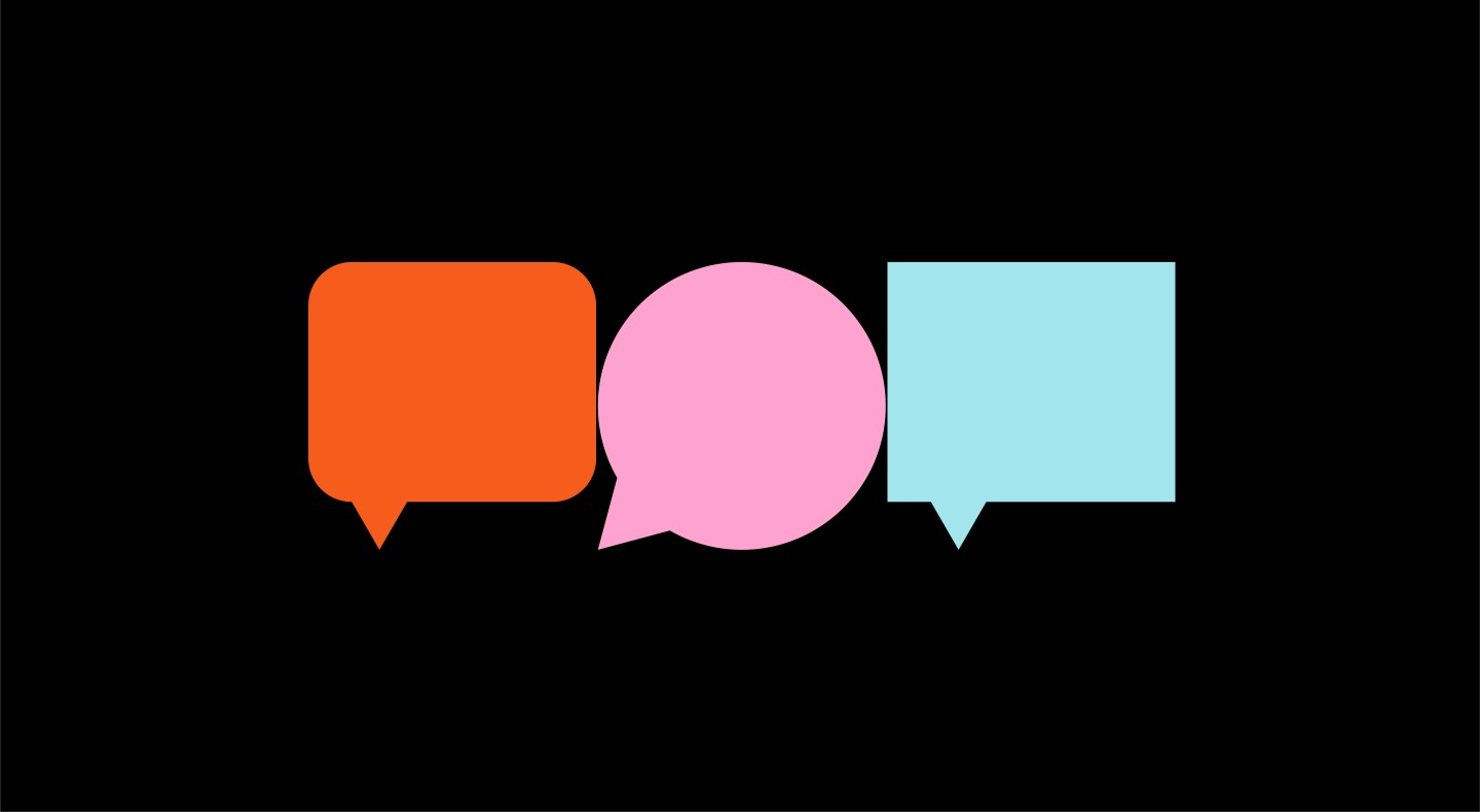 Graphic illustration of 3 speech different shaped speech bubbles on a black background.