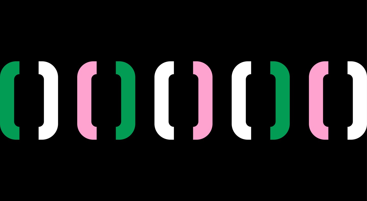 Graphic of 5 sets of open and close coding and web development brackets on a black background. 