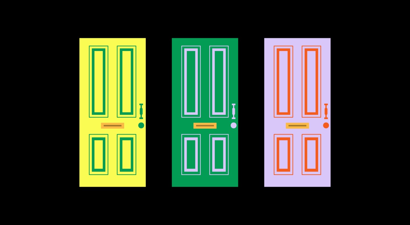 Three doors against a black background, each painted a different color.