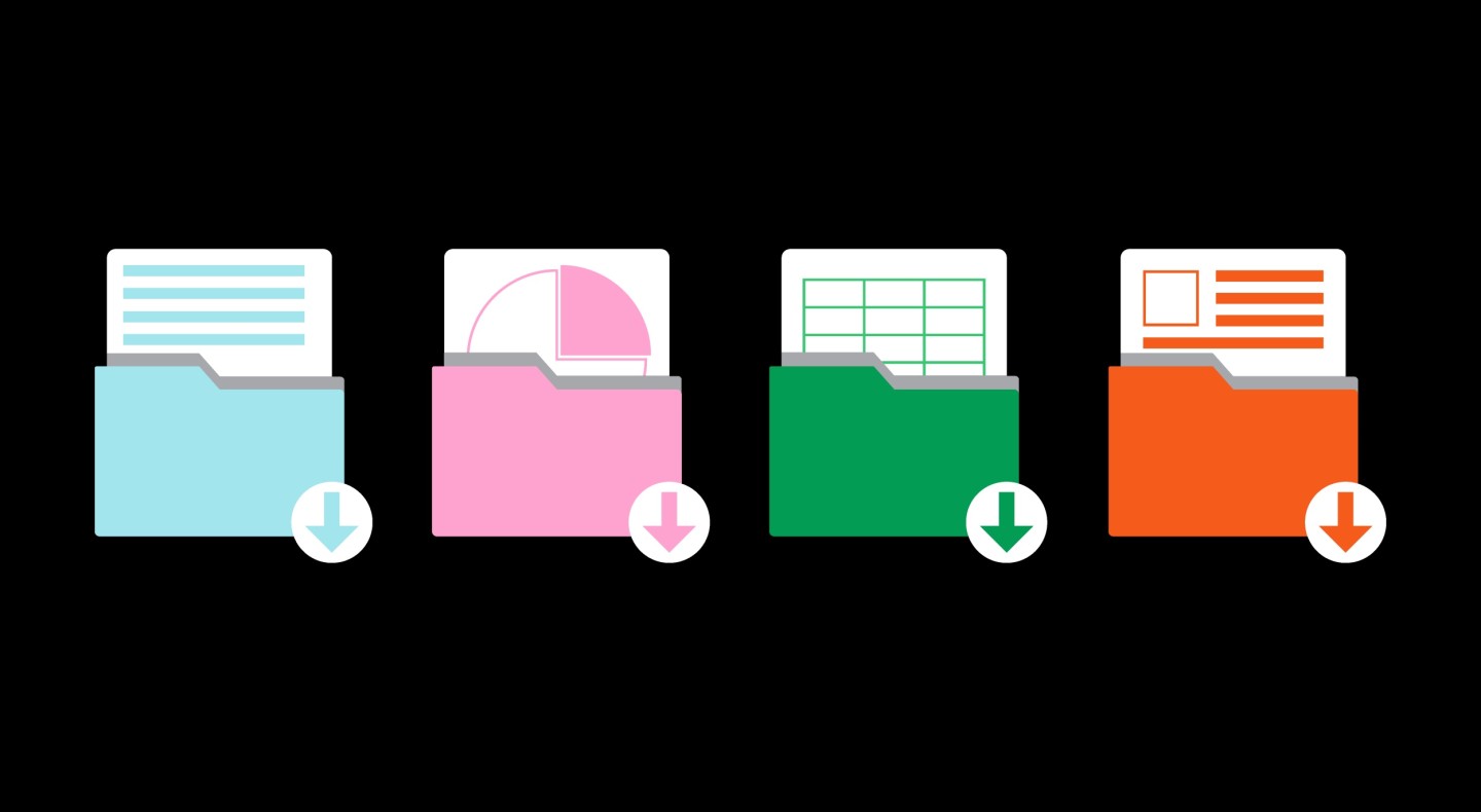 Four illustrations of files on a black background, representing Word, PowerPoint, Excel, and Outlook.