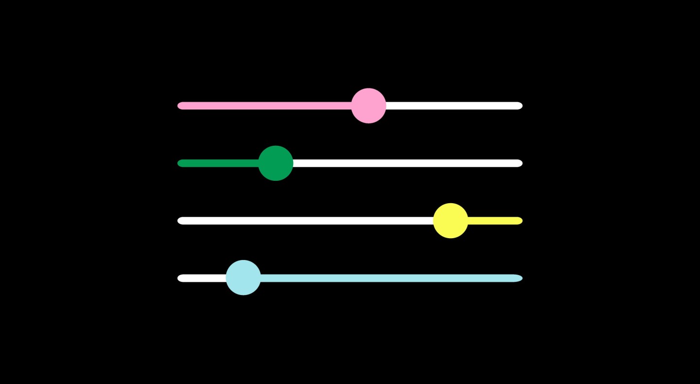 Four sliders on a background, each with a line and circle indicating different choices or settings.