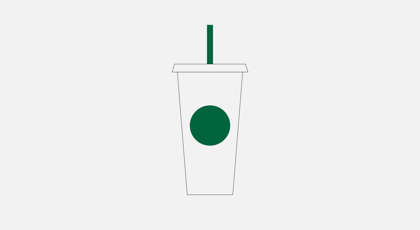 Graphic illustration of reusable coffee cup with green circle and green straw, representative of a famous global coffee and drinks brand.