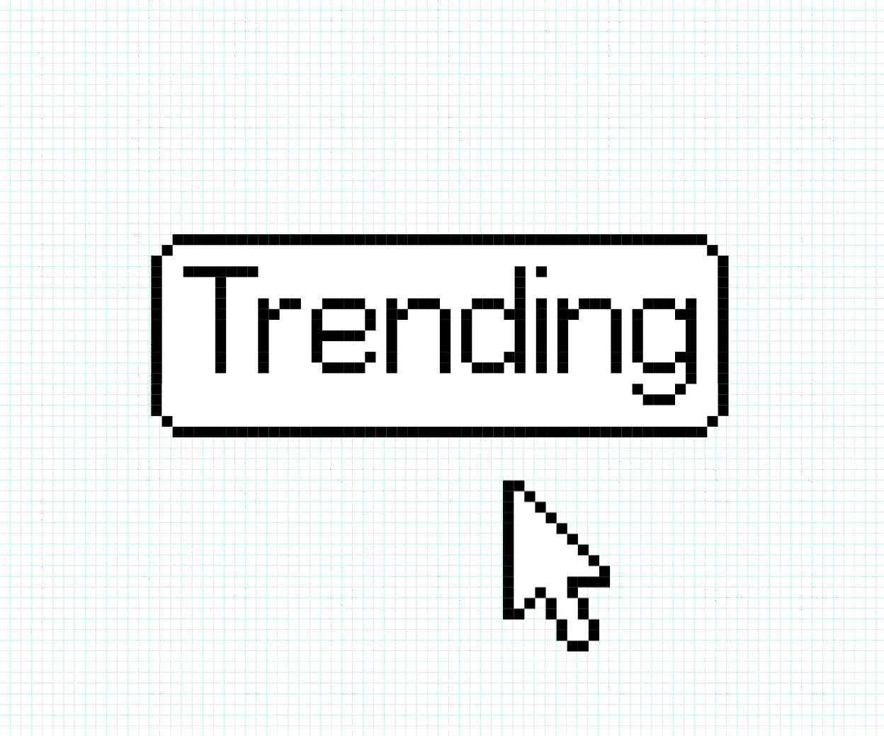 Retro pixel-style “Trending” button with a black outline on a pale grid background, with a large cursor arrow positioned below it as if about to click.