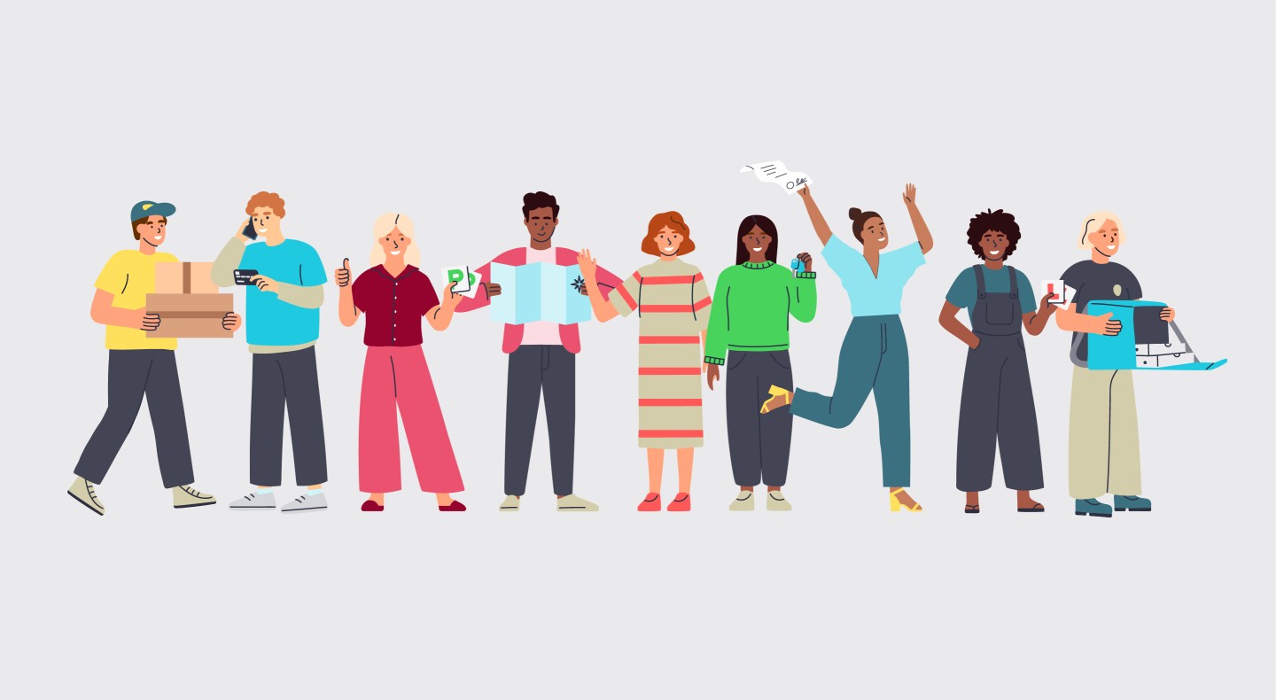 Collingwood branded characters used for marketing and brand material in colourful outfits and holding up collingwood related elements like keys and maps