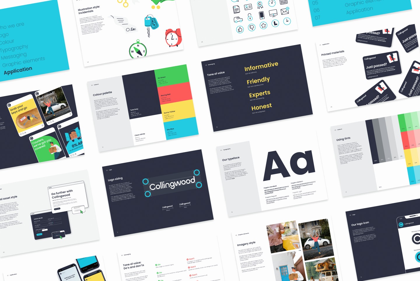 Brand guidelines mockup featuring colour usage, text and logo