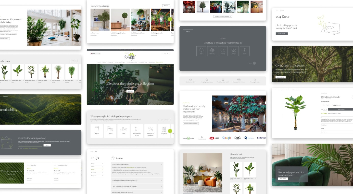 Website mockup of various landing pages in a offset grid formation for an artificial plants manufacturer and supplier 
