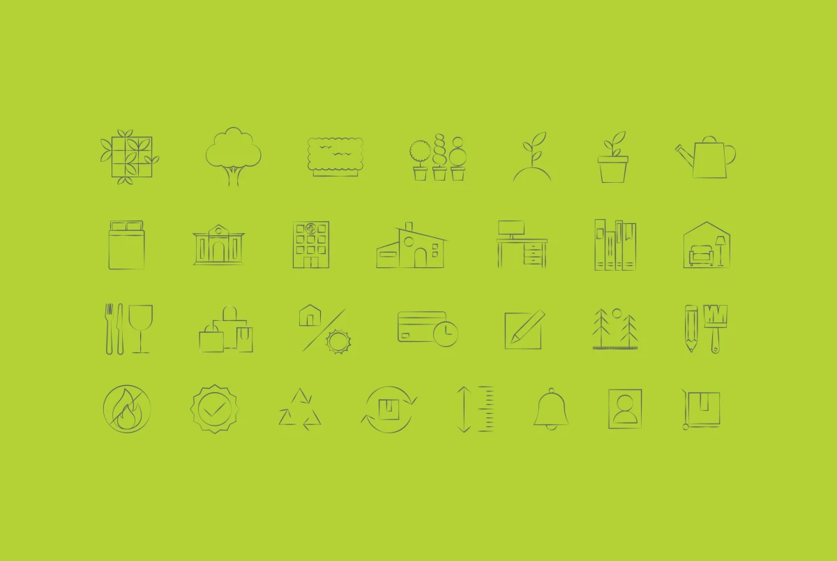 A range of digitally drawn icons for artificial plants manufacturer