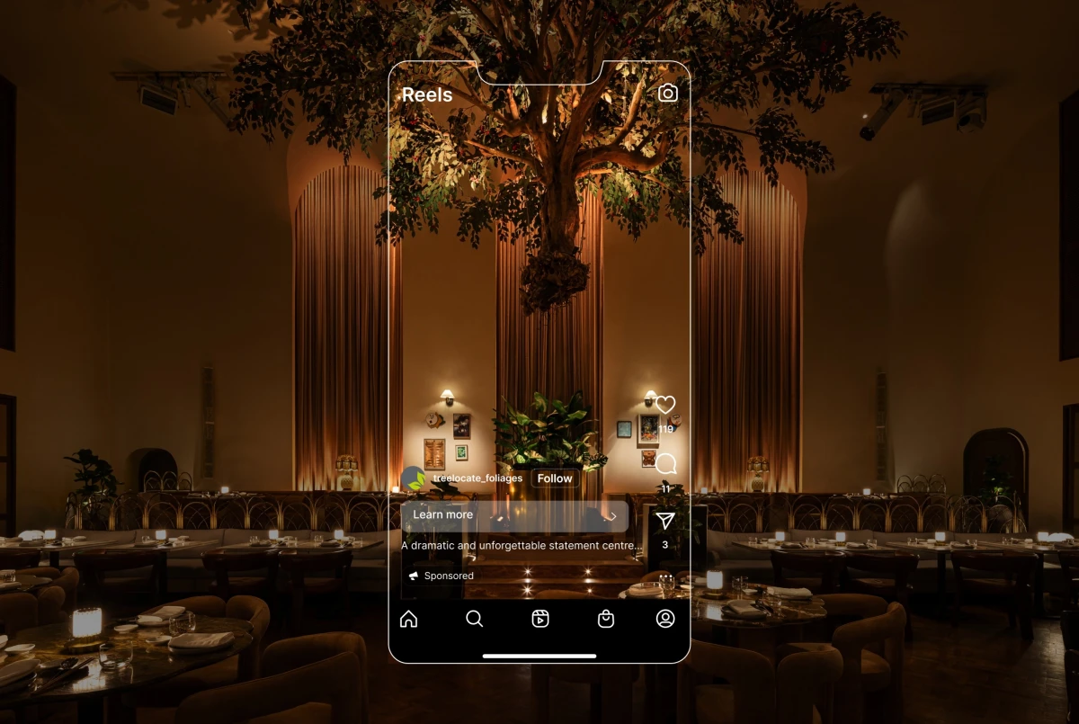 Mockup of social media advertisement for bespoke artificial trees on smartphone screen