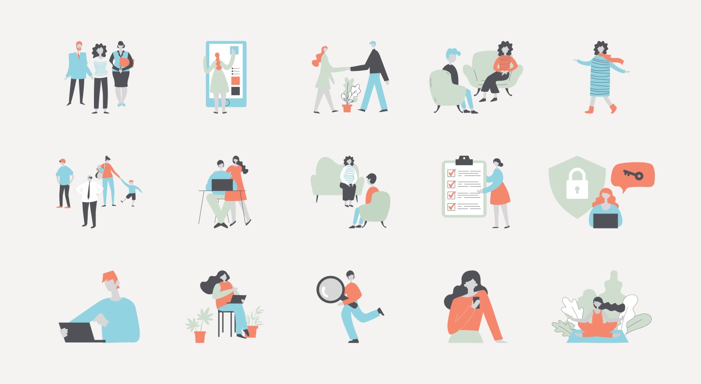 Table of 15 bespoke character illustrations that JUMP designed for client 'Kiku' in an abstract style.
