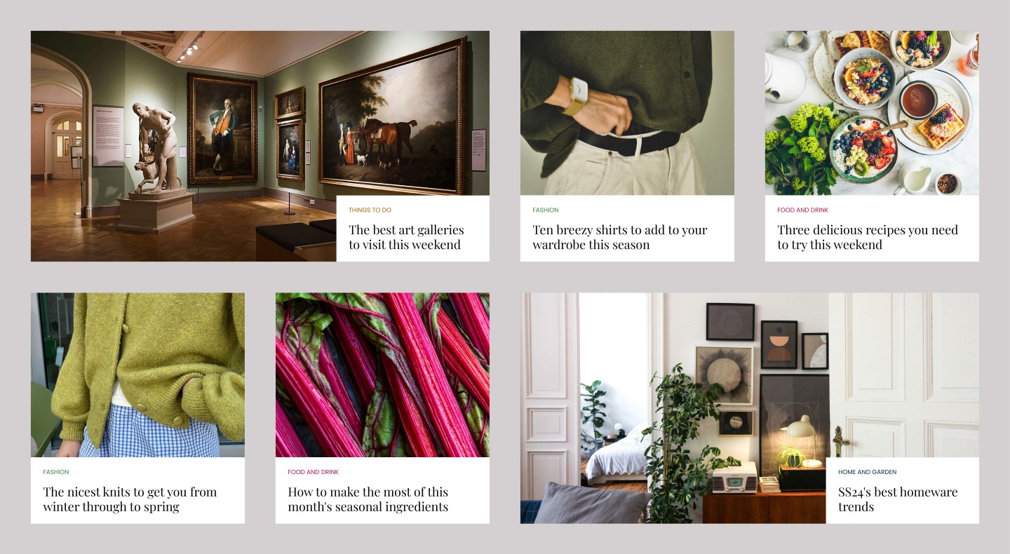 Website design of articles being displayed by featured image and box of text
