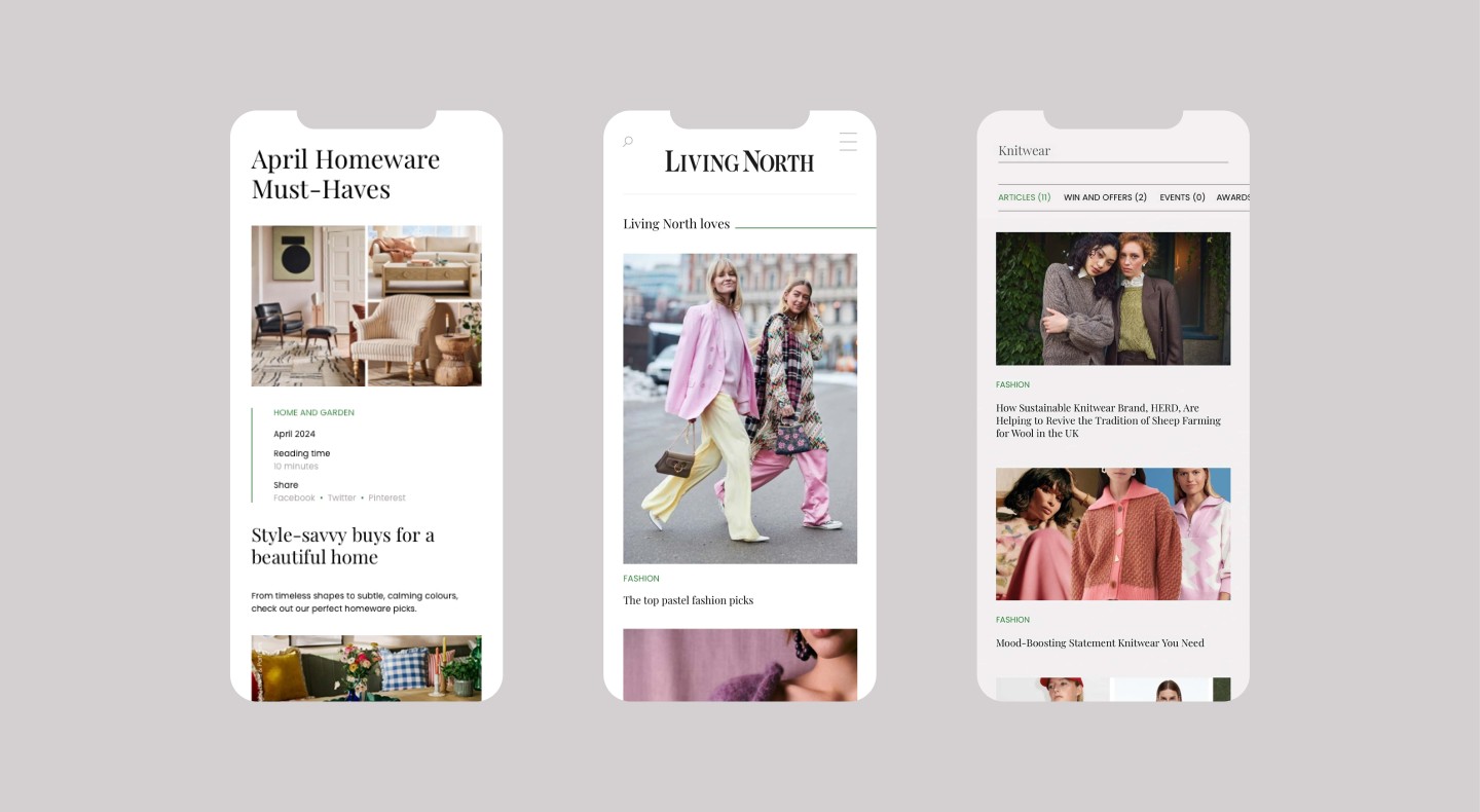 mobile website design showing magazine articles on digital screens