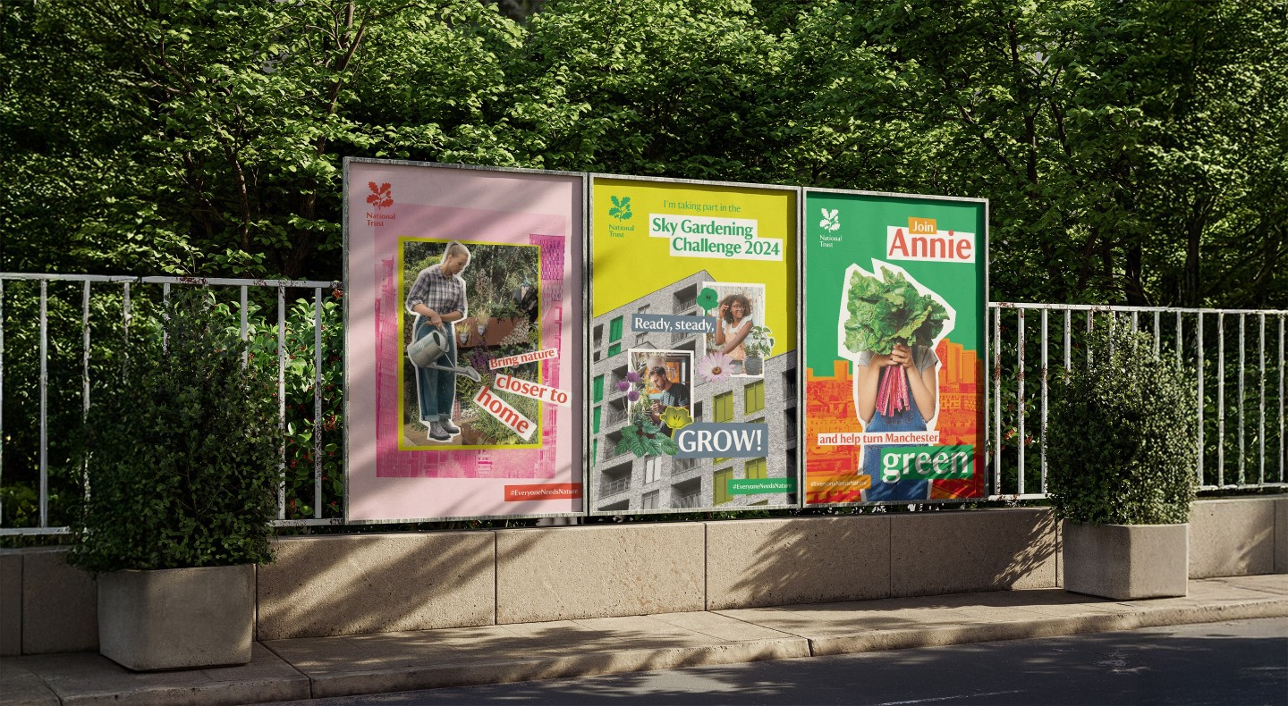 3 National Trust posters with collage style words and images of flowers mocked up on greenery background