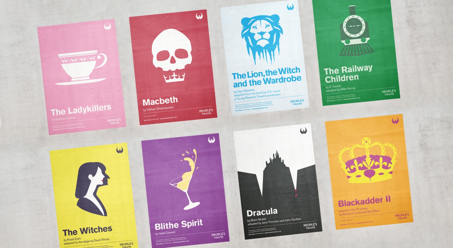 Mockup of theatre posters designed by JUMP for 8 plays including Macbeth and Dracula.