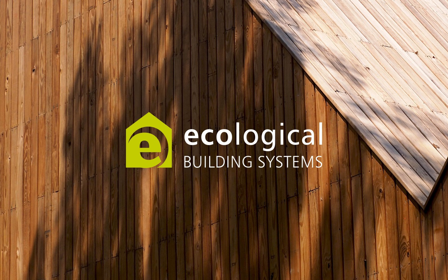 Ecological Building Systems logo design of home and the letter e on top of wooden building material