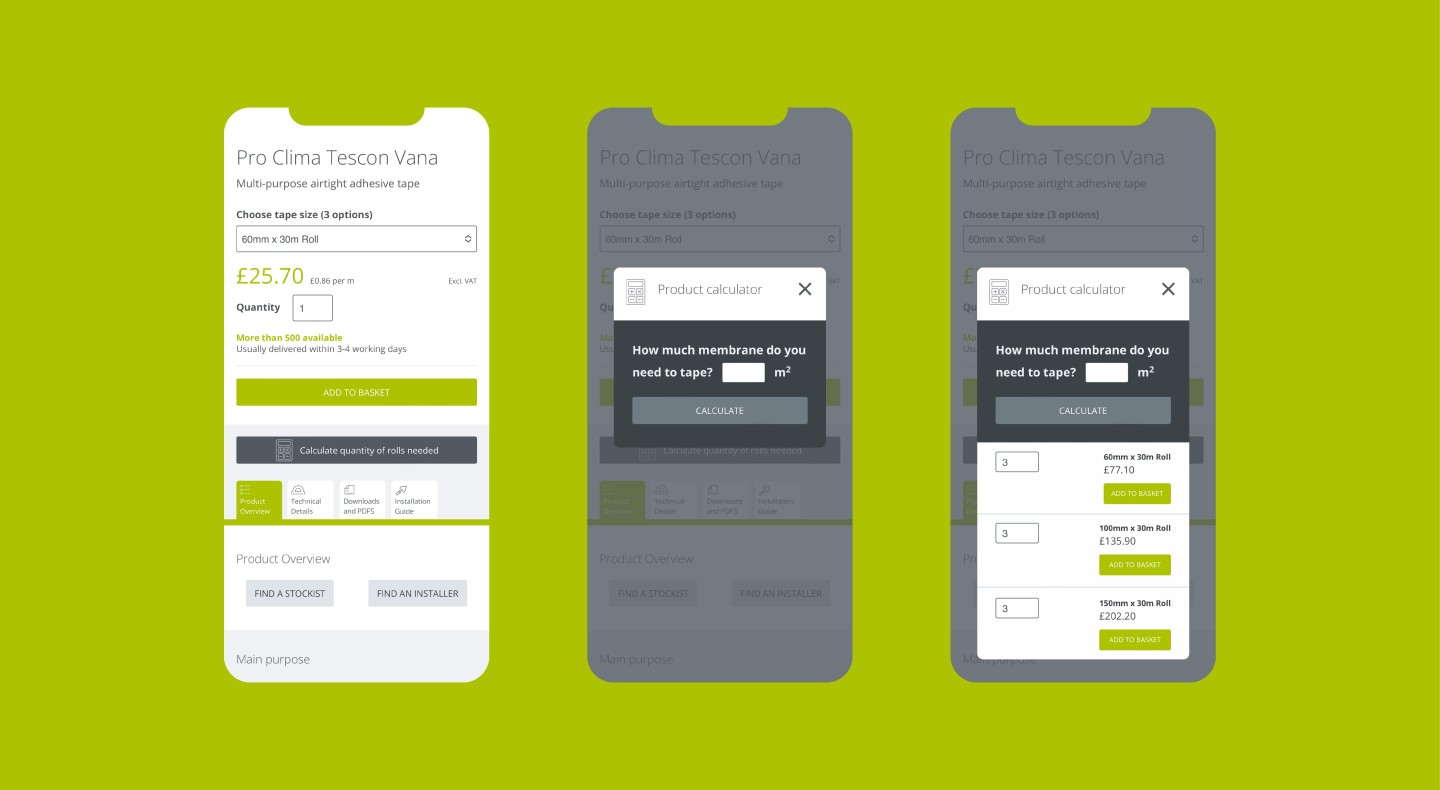 Mockup of mobile website design and bespoke form on website of product calcuations