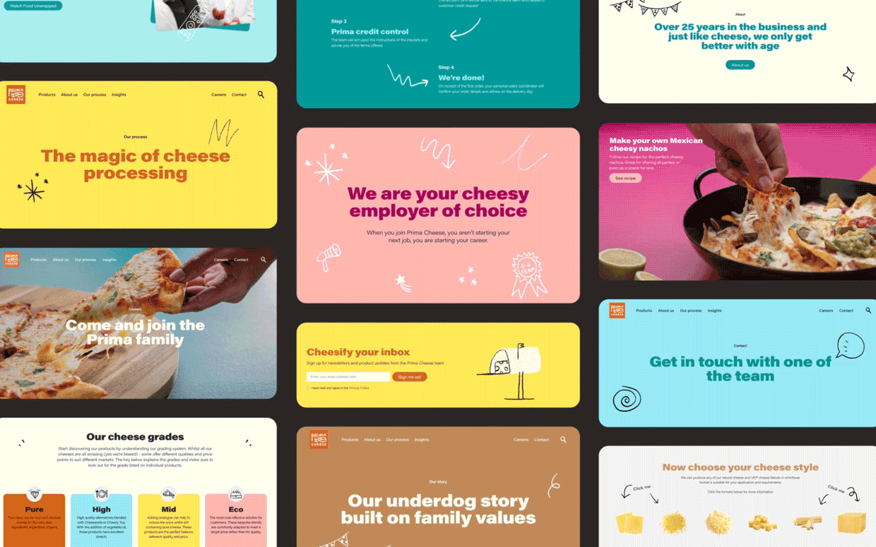 Animated of various elements of a website design including landing pages, bespoke illustrations and a newsletter sign up panel.