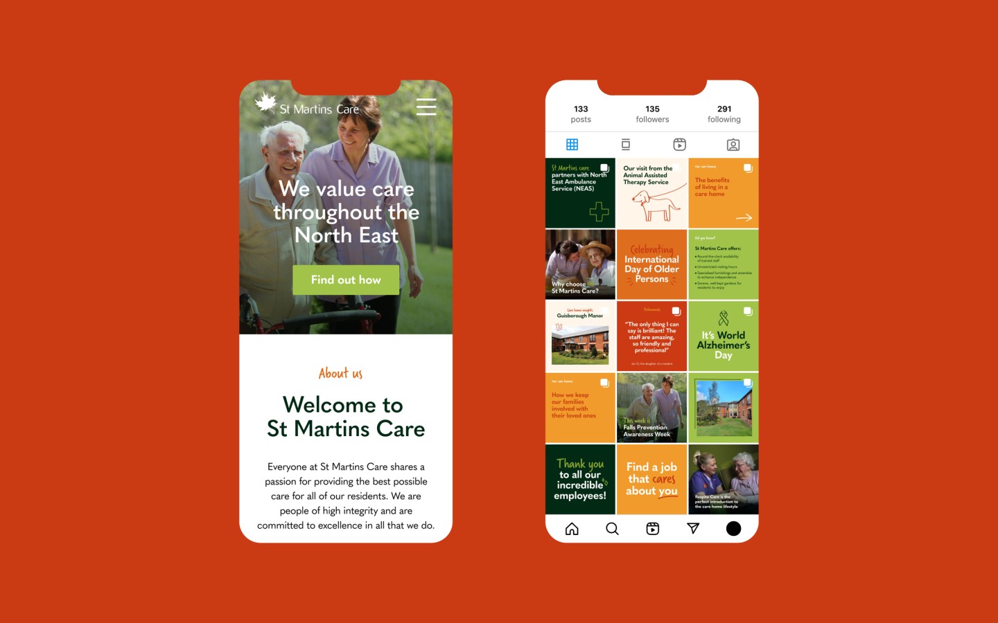 branded social media posts created for local care provider alongside a bespoke website design