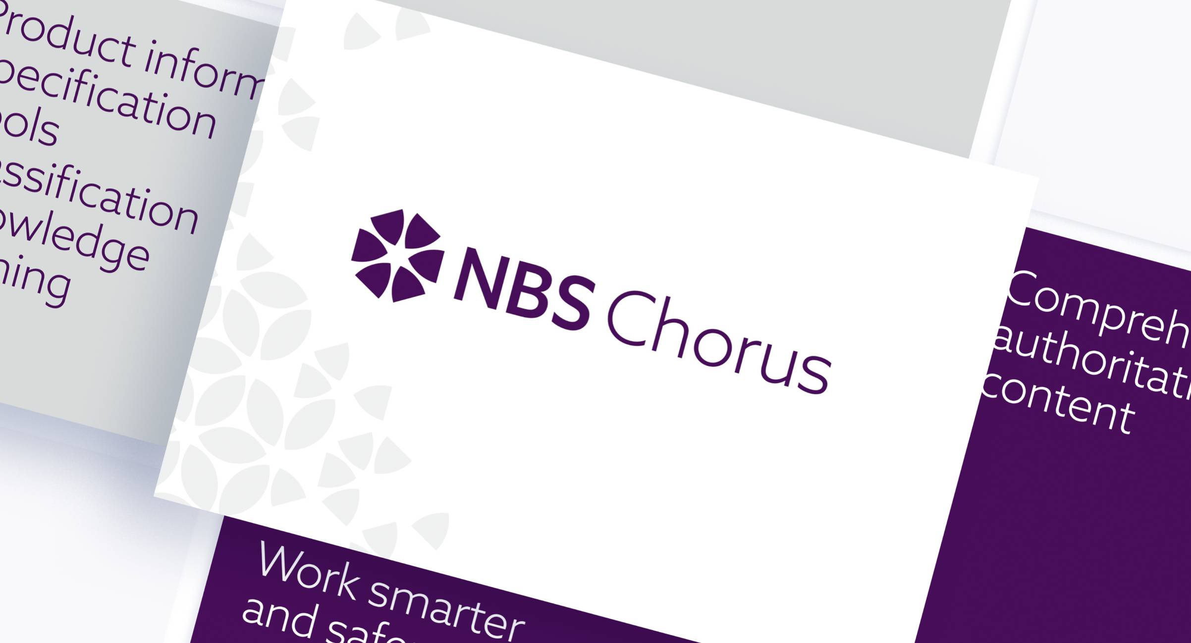 White card with "NBS Chorus" on it and purple cards behind with abstract text on them